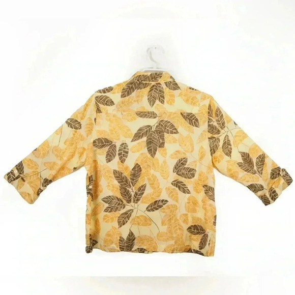 Tommy Bahama Yellow Beige Brown Floral Leaf Print Graphic Quarter Sleeve Blouse - Picture 2 of 3